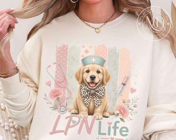 Dog Mom Nurse, Cute Golden Retriever Nurse Sublimation Design, Coquette Leopard Bow, LPN Life PNG, Transparent PNG Digital Download