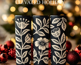 Linocut Floral Tumbler Wrap 20 oz | Vintage Block Print Flowers, Seamless Skinny Wrap, Rustic Folk Art PNG, Digital Download