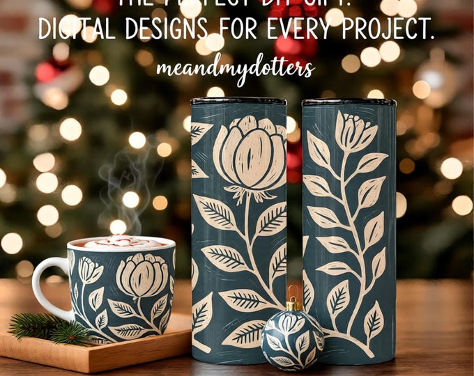 Linocut Floral Tumbler Wrap 20 oz | Vintage Block Print Flowers, Seamless Skinny Wrap, Digital Download