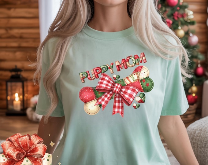PUPPY MOM | Holiday Sublimation | Faux Christmas Patchwork Dog Bone Design | PNG - Digital Download