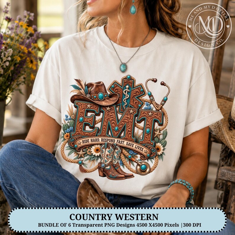 May include: A white t-shirt featuring a graphic design with the text EMT and RIDE HARD. RESPOND FAST. SAVE LIVES. The design includes a brown cowboy hat, a stethoscope, a star of life symbol, and cowboy boots, all accented with turquoise stones.