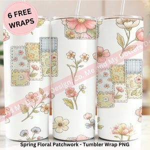 Envoltorio para vaso de 20 oz con diseño floral primaveral tipo patchwork/collage - Estilo cottagecore/grannycore/abuela chic - 6 envoltorios adicionales