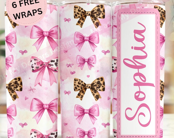 Personalized Pink Coquette Bows 20oz Tumbler Sublimation Design, Leopard and Cow Accents, Watercolor Aesthetic - 6 Bonus Wraps - Add Name