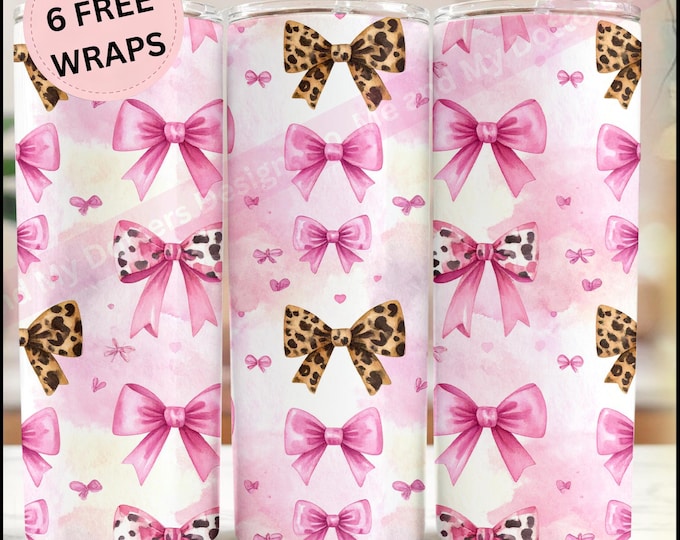 Trendy Pink Coquette Bows 20oz Tumbler Sublimation Design, Leopard and Cow Accents, Watercolor Aesthetic - 6 Bonus Wraps