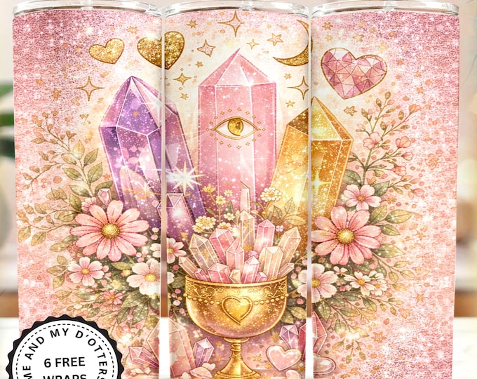Mystical Pink and Gold Crystal Design, Seamless Tumbler Wrap PNG, 20oz Skinny Wrap with  a floral, Mystical Aesthetic, PNG (6 Bonus Wraps)