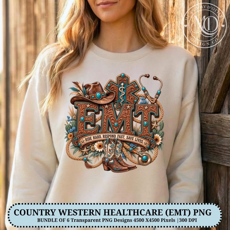 May include: A cream-coloured sweatshirt featuring a graphic print with the text EMT, a cowboy hat, a stethoscope, and cowboy boots. The design includes turquoise accents, floral elements, and a banner with the text RIDE HARD. RESPOND FAST. SAVE LIVES.