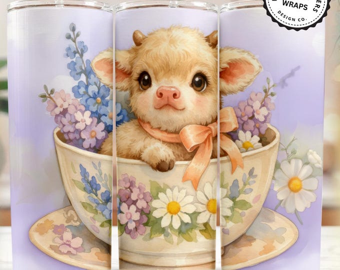 Miniature Highland Cow Tumbler Wraps - Grannycore China Teacup - Coquette Highland Cow, PNG BUNDLE (6 FREE Bonus Wraps)
