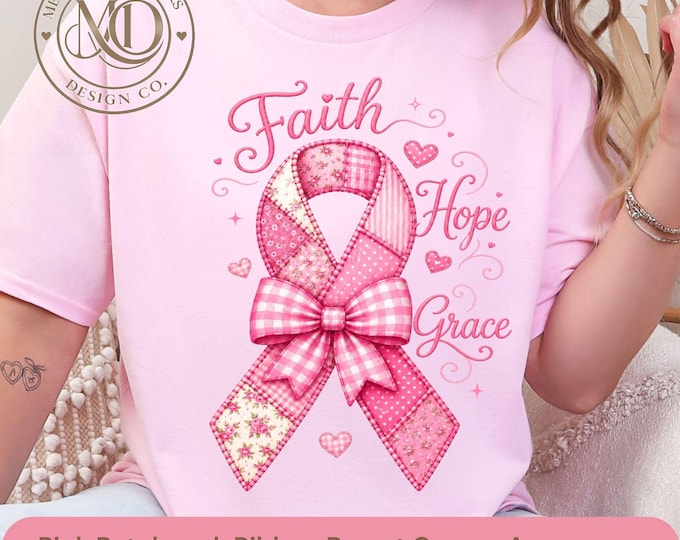 Coquette Bow PNG. Cottage Core, Pink Patchwork Breast Cancer Ribbon, Cottagecore Sublimation Design, Survivor