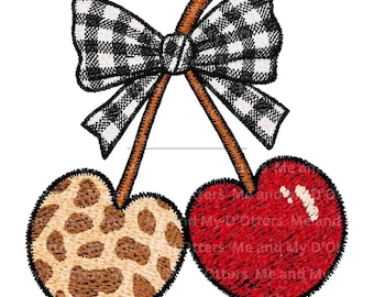 Faux Embroidered Cherries PNG – Leopard & Checkered Bow (Digital Download)