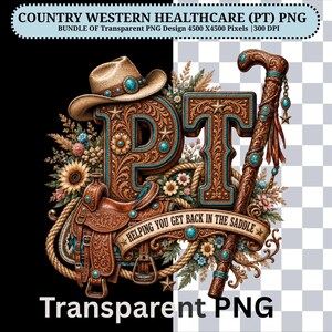 May include: A digital graphic featuring the letters PT in a brown, tooled leather texture, adorned with a cowboy hat, a saddle, a walking cane, and floral accents. A banner across the bottom reads HELPING YOU GET BACK IN THE SADDLE.