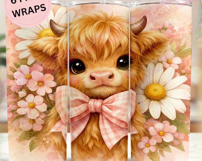 Cute Pink Coquette Highland Cow, PNG Tumbler Wrap. Cute Spring Design (Instant Download) 6 FREE BONUS Wraps