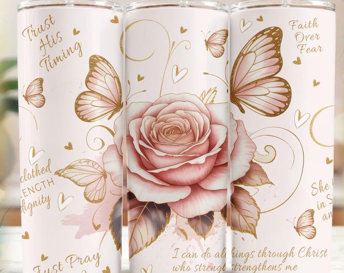 Christian Inspirational Seamless Tumbler Wrap |  20oz Tumbler Wrap, Faith - Shabby Chic Pink Roses - Digital Download)