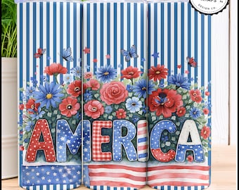 Patriotic "America" Tumbler Wrap | Cottagecore 4th of July PNG | Cute Americana 20oz Skinny Tumbler Design. ( 9 Bonus Wraps )