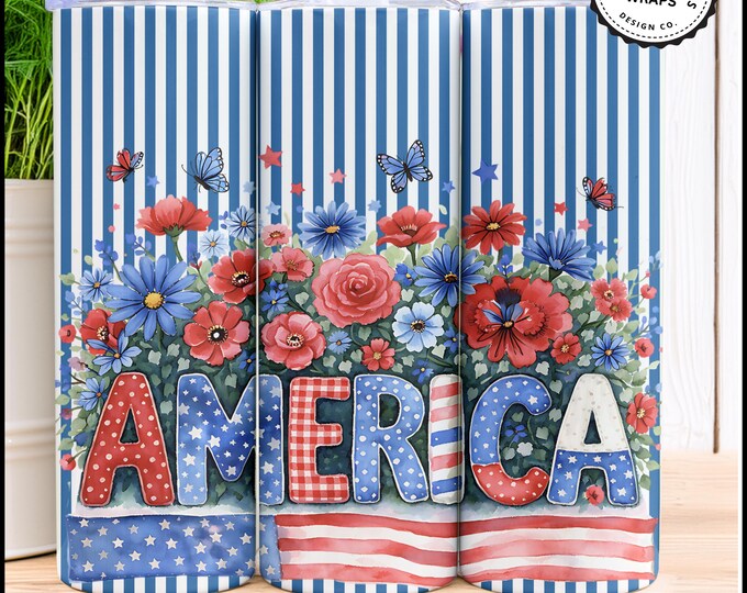 Patriotic "America" Tumbler Wrap | Cottagecore 4th of July PNG | Cute Americana 20oz Skinny Tumbler Design. ( 9 Bonus Wraps )