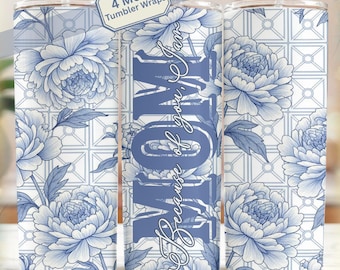 Chinoiserie Mom Tumbler Wrap Bundle, Blue Floral Seamless PNG, Mother’s Day Gift, 20oz Skinny Wraps, Mom Design