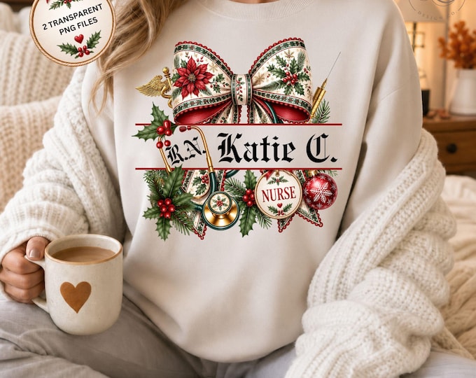 Nurse Split Monogram T-Shirt PNG | Personalized Nurse Christmas PNG | Coquette Christmas Bow & Stethoscope Design | Nurse Gifts | POD Design