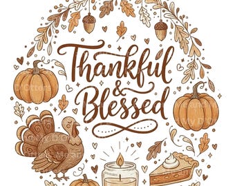 Thanksgiving PNG: Turkey, Pumpkin Pie Doodle Collage Design (Digital Download) Thankful & Blessed