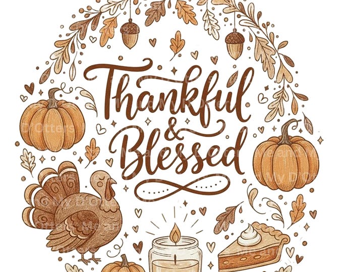 Thanksgiving PNG: Turkey, Pumpkin Pie Doodle Collage Design (Digital Download) Thankful & Blessed