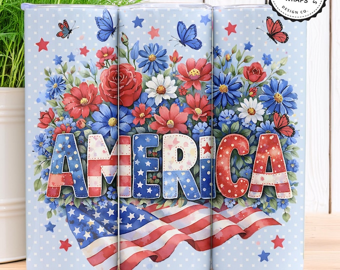 America Patriotic Tumbler Wrap |Cottagecore 4th of July PNG | Cute Americana 20oz Skinny Tumbler Design. ( Bonus Wraps - 9 )