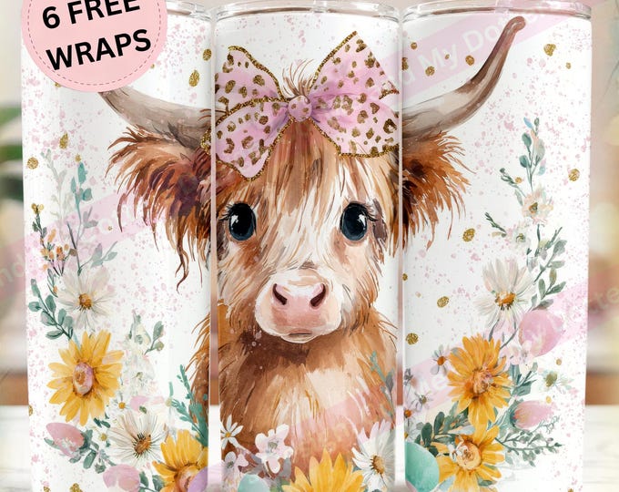 Adorable Watercolor, Coquette,  Highland Cow Tumbler Wrap. Spring Aesthetic (Instant Download) 6 FREE BONUS Wraps