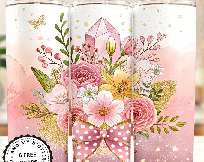 Mystical Pink Coquette, Seamless Tumbler Wrap PNG, 20oz Skinny Wrap - Flowers and Healing Crystal Design, Coquette Bow PNG (6 Bonus Wraps)