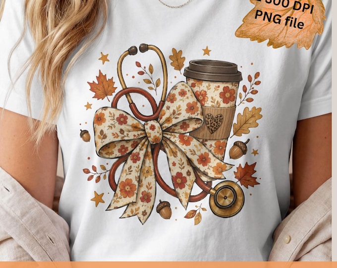 Fall Nurse PNG, Coquette Nurse Stethoscope Bow Shirt, Autumn Digital Download. Boutique Designs