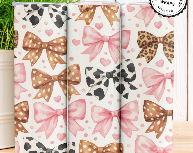 Animal Print Pink Coquette Bows - 20oz Tumbler Sublimation Design, Leopard, Deer, and Cow Accents, 6 Bonus Wraps
