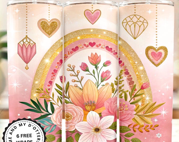 Pink Gold Floral Tumbler Wrap PNG, 20oz Skinny Wrap Boho Heart, Mystical Crystals and Rainbow Sublimation Design, PNG (6 Bonus Wraps)