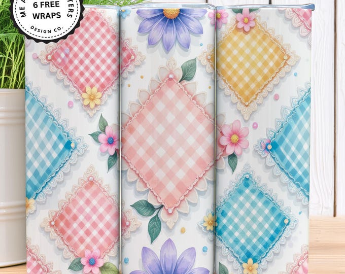 Spring Gingham Patchwork 20oz Tumbler Wrap -Cottagecore | Grannycore | Granny Chic Aesthetic - 6 Bonus Wraps