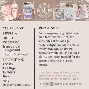 May include: A digital product listing featuring six PNG files with a 4500 x 4500 pixel resolution at 300 DPI. The image displays nurse-themed graphics, including a tumbler, stethoscope, and apparel designs with text like NURSE and NICU NURSE.