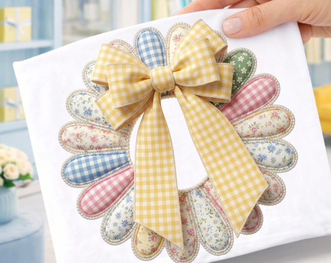 Coquette Daisy with Pearls - Wreath with Gingham Coquette Bow PNG - T-Shirt Design.