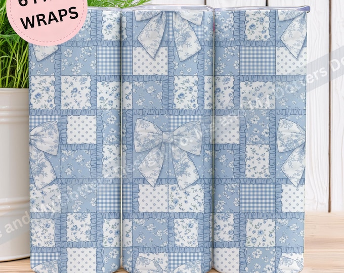 Blue Coquette Patchwork and Bows 20oz Tumbler Wrap, Cottagecore | Watercolor Aesthetic - 6 Bonus Wraps