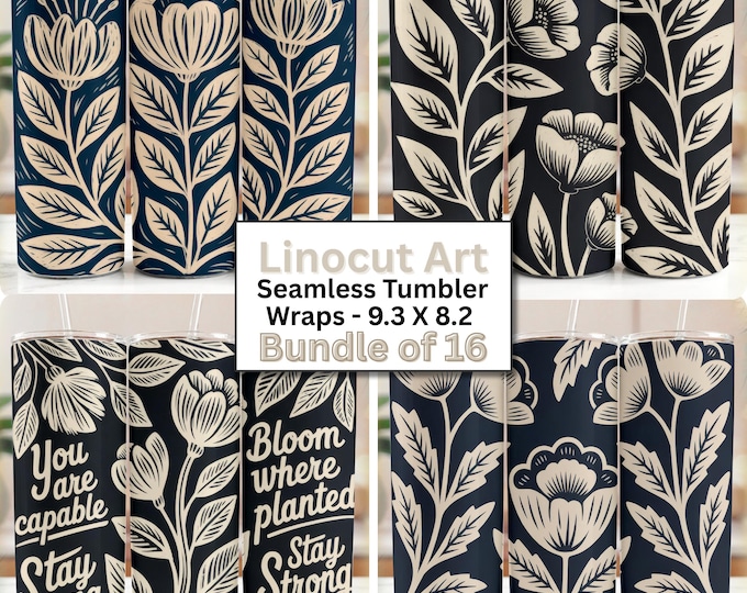 Seamless Floral Tumbler Wrap Bundle – Vintage Linocut Block Print Flowers (Digital Download) Rustic Folkart PNG
