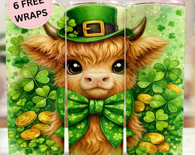 Adorable St Patrick's Day,  Highland Cow PNG Tumbler Wrap. Fun Spring Aesthetic (Instant Download) 6 FREE BONUS Wraps