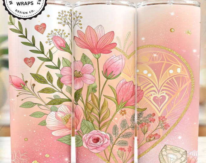 Mystical Pink Heart Floral Tumbler Wrap PNG, Glitter Gold Design (6 Bonus Wraps)