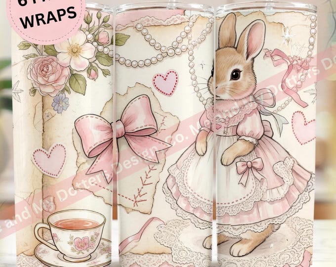 Pink Coquette Bunny Collage - Tumbler Wrap PNG, Cottagecore Spring Sublimation, | 6 BONUS Wraps