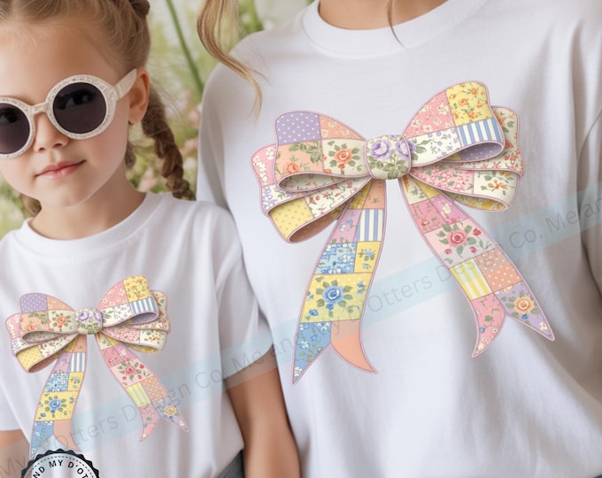 Vintage Pastel, Patchwork Coquette Bow - Cottagecore - Grandma Core and Granny Core All In One. PNG Design for T-Shirt (Instant Download)