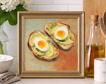 Véritable peinture à l'huile peinte à la main, peinture à l'huile originale, art de la cuisine, pain grillé aux œufs et à l'avocat, art mural, décoration, art mural