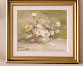 Jarrón floral pintado a mano al óleo, arte mural original, pequeño cuadro al óleo, decoración floral romántica estilo cottagecore, mini arte veraniego nostálgico.