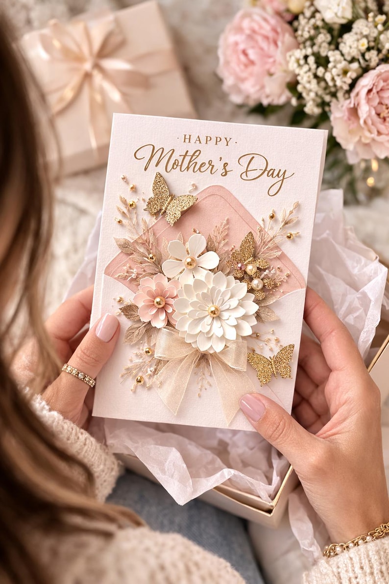May include: A Mother's Day card with a floral design and gold glitter butterflies. The card features the words "Happy Mother's Day" in elegant script. The card is held in a gift box with a bow.