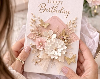 Beautiful Happy Birthday Card for Her Luxury Floral Butterfly Greeting Card Elegant Happy Birthday Card 3D Bithday Floral Card