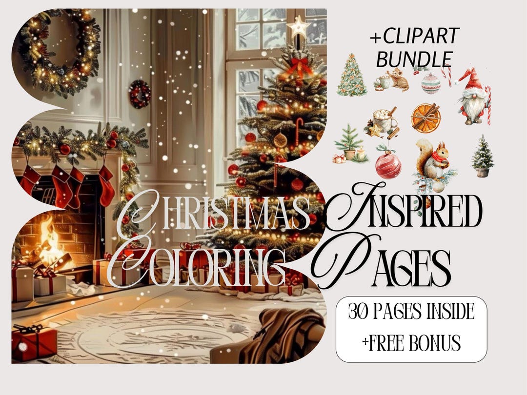 30 Christmas Coloring Pages + 12 Clipart Printable Holiday Bundle With ...