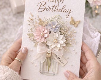 Beautiful Happy Birthday Card for Her Luxury Floral Butterfly Greeting Card Elegant Happy Birthday Card 3D Floral Envelope Card Feminine