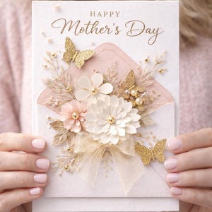 May include: A Mother's Day card with a floral and butterfly design. The card features the words "Happy Mother's Day" in elegant script. The card is decorated with white and pink flowers, gold butterflies, and a sheer ribbon.