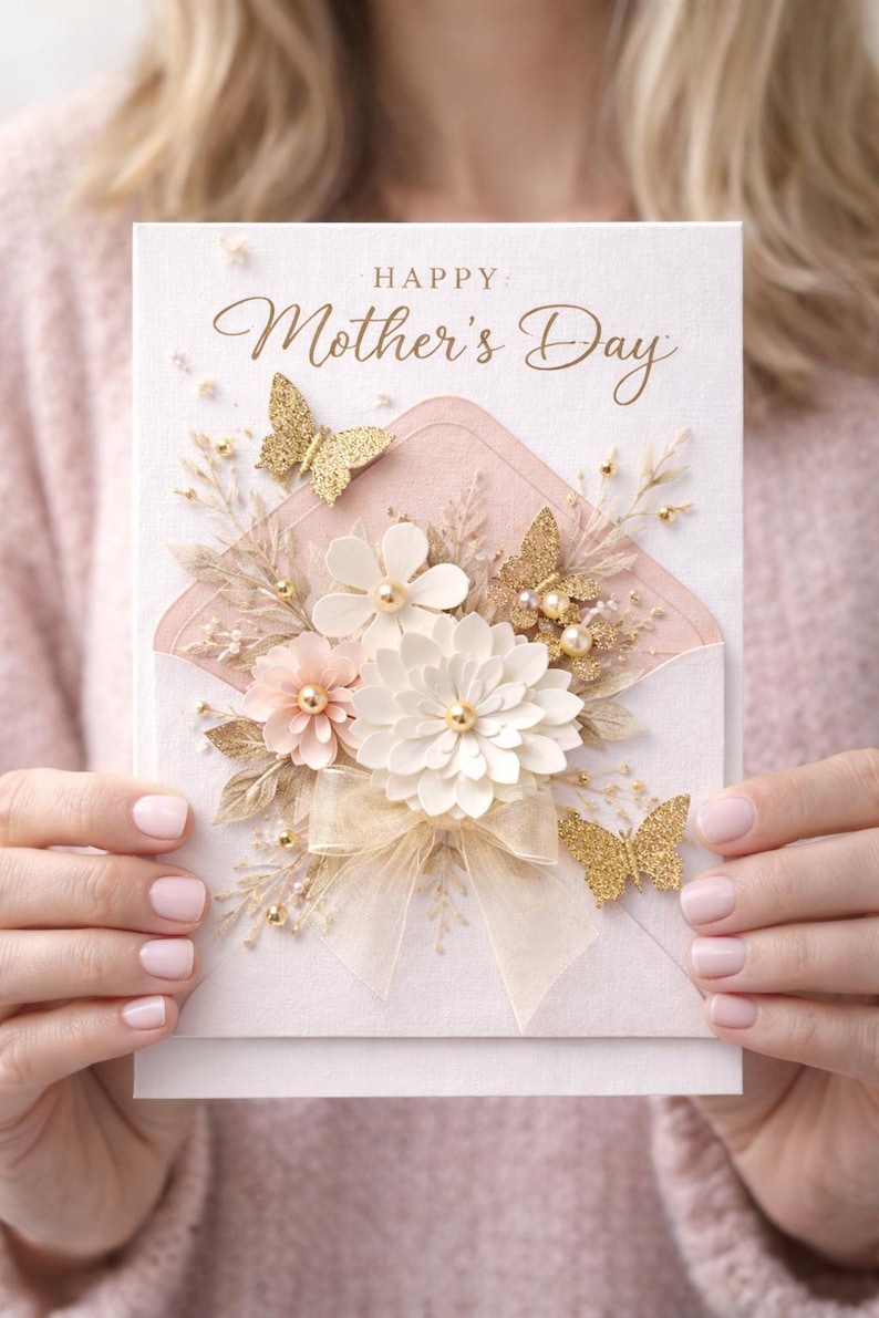 May include: A Mother's Day card with a floral and butterfly design. The card features the words "Happy Mother's Day" in elegant script. The card is decorated with white and pink flowers, gold butterflies, and a sheer ribbon.