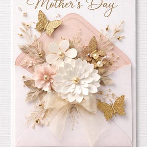 May include: A Mother's Day card with a pink envelope design, featuring a floral arrangement and gold glitter butterflies. The card includes the text "HAPPY Mother's Day" in gold script.
