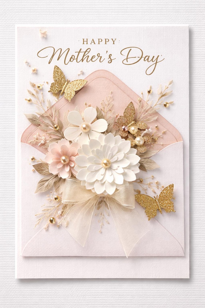 May include: A Mother's Day card with a pink envelope design, featuring a floral arrangement and gold glitter butterflies. The card includes the text "HAPPY Mother's Day" in gold script.