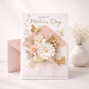 May include: A white Mother's Day card with a pink envelope. The card features a floral arrangement with white and pink flowers, gold butterflies, and the words "Happy Mother's Day."