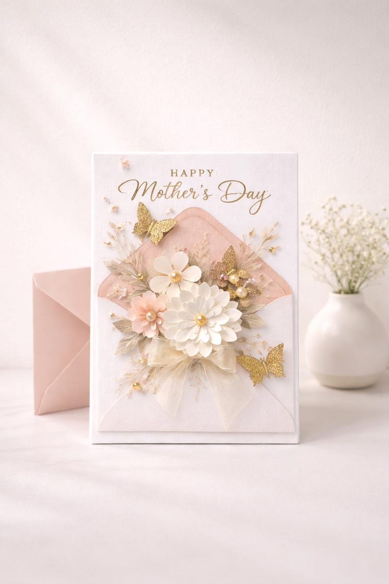 May include: A white Mother's Day card with a pink envelope. The card features a floral arrangement with white and pink flowers, gold butterflies, and the words "Happy Mother's Day."