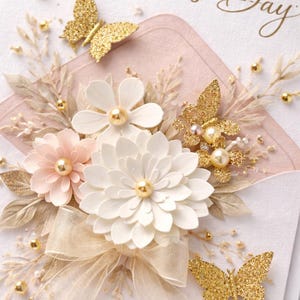 May include: A Mother's Day card with a floral arrangement and gold glitter butterflies. The card features a white envelope with a pink insert, adorned with white and pink flowers, a gold bow, and gold accents. The words "Happy Mother's Day" are written in gold script.